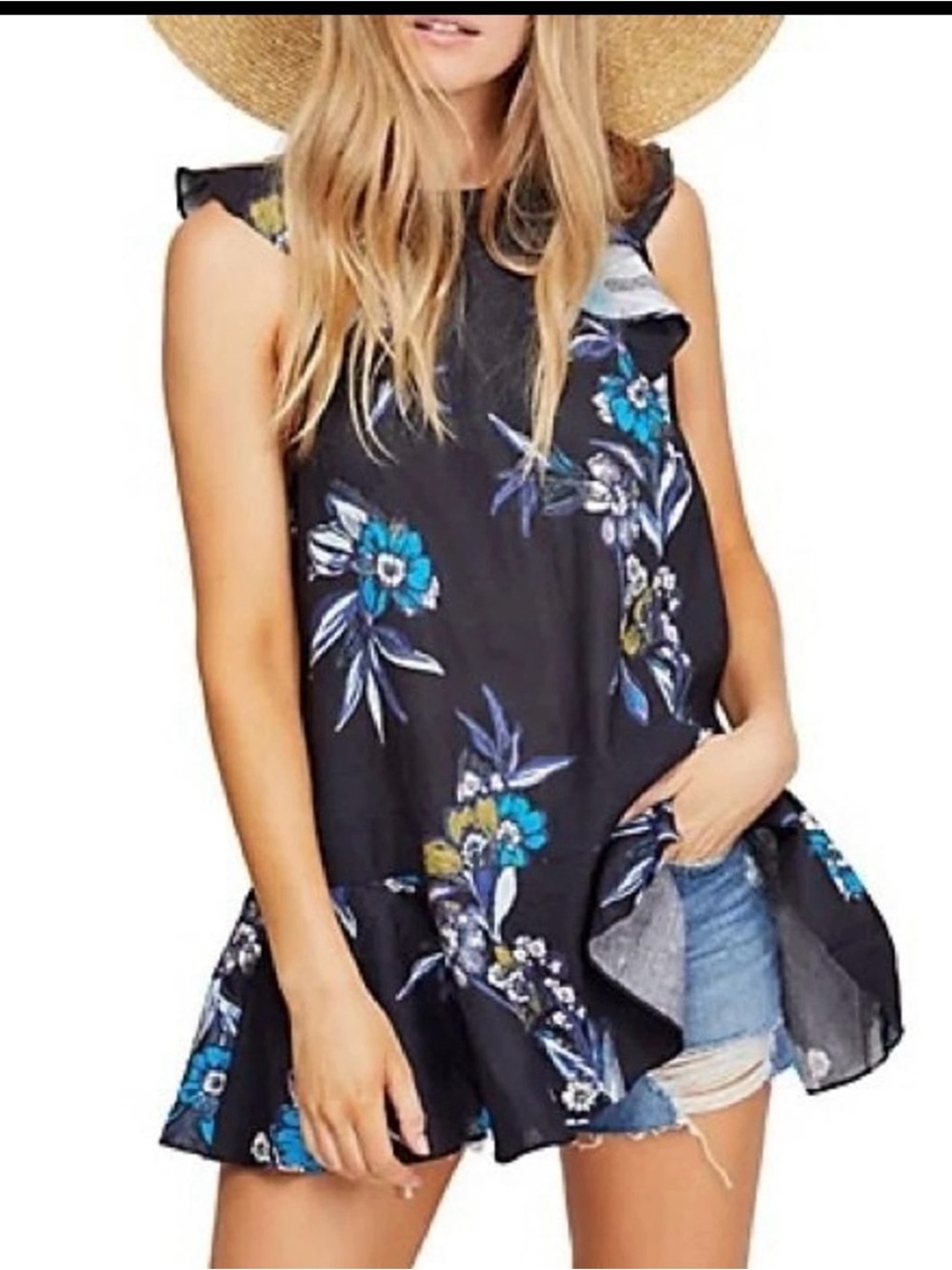Free People Black Sleeveless Floral Ruffle Hem Tunic Linen XS